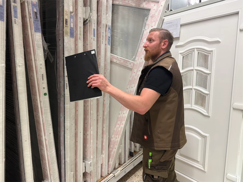 Ihr Handwerker in Zeven Ein Mann mit einem Klemmbrett in einer braunen Uniformweste begutachtet die gestapelten Türen und Fenster in einem Geschäft und führt vermutlich eine Bestandsaufnahme durch.