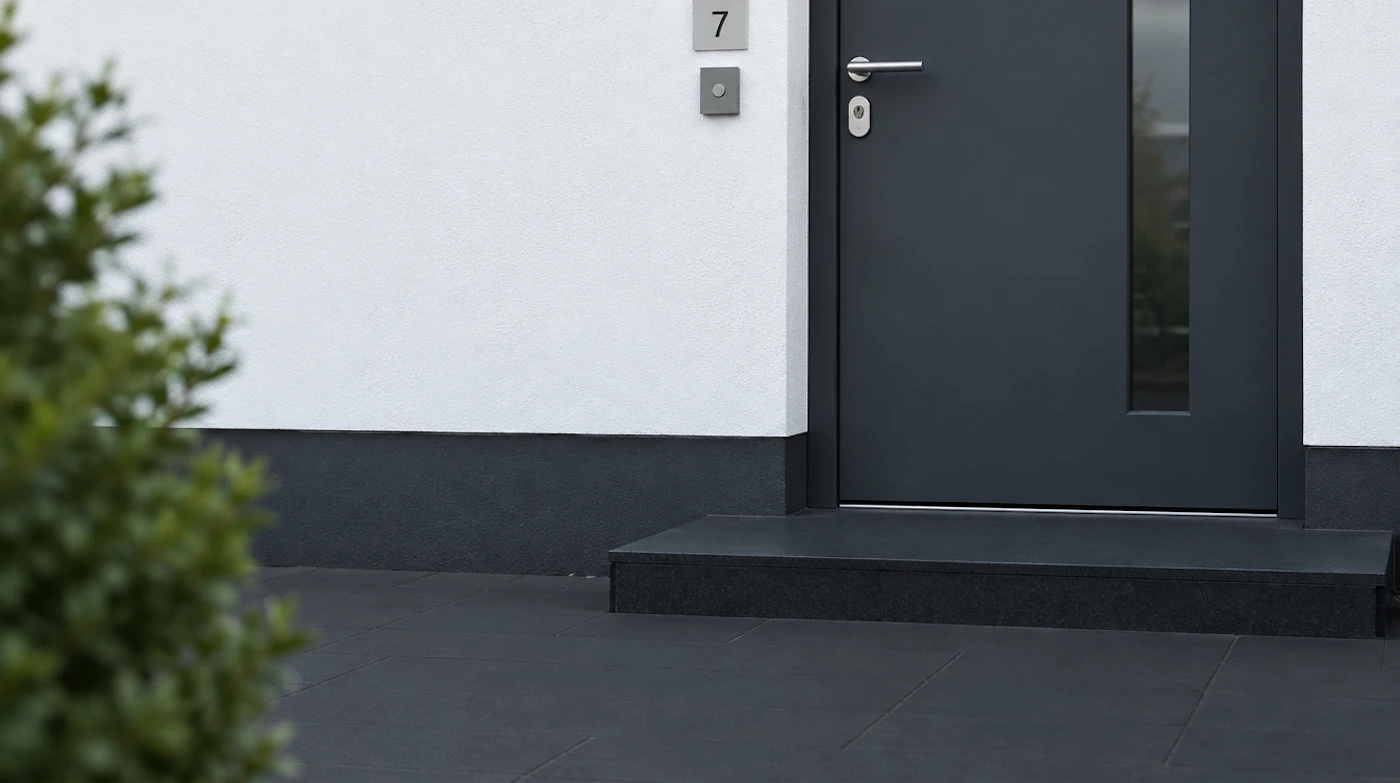 schluesseldienst-kosten Moderne graue Haustür mit vertikalem Fenster, weiße Wand, Hausnummer 7, Klingel, links im Vordergrund ein kleiner Strauch.